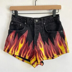 Carmar Flame Painted Black High Waisted Shorts Button Fly Festival Unique Pants